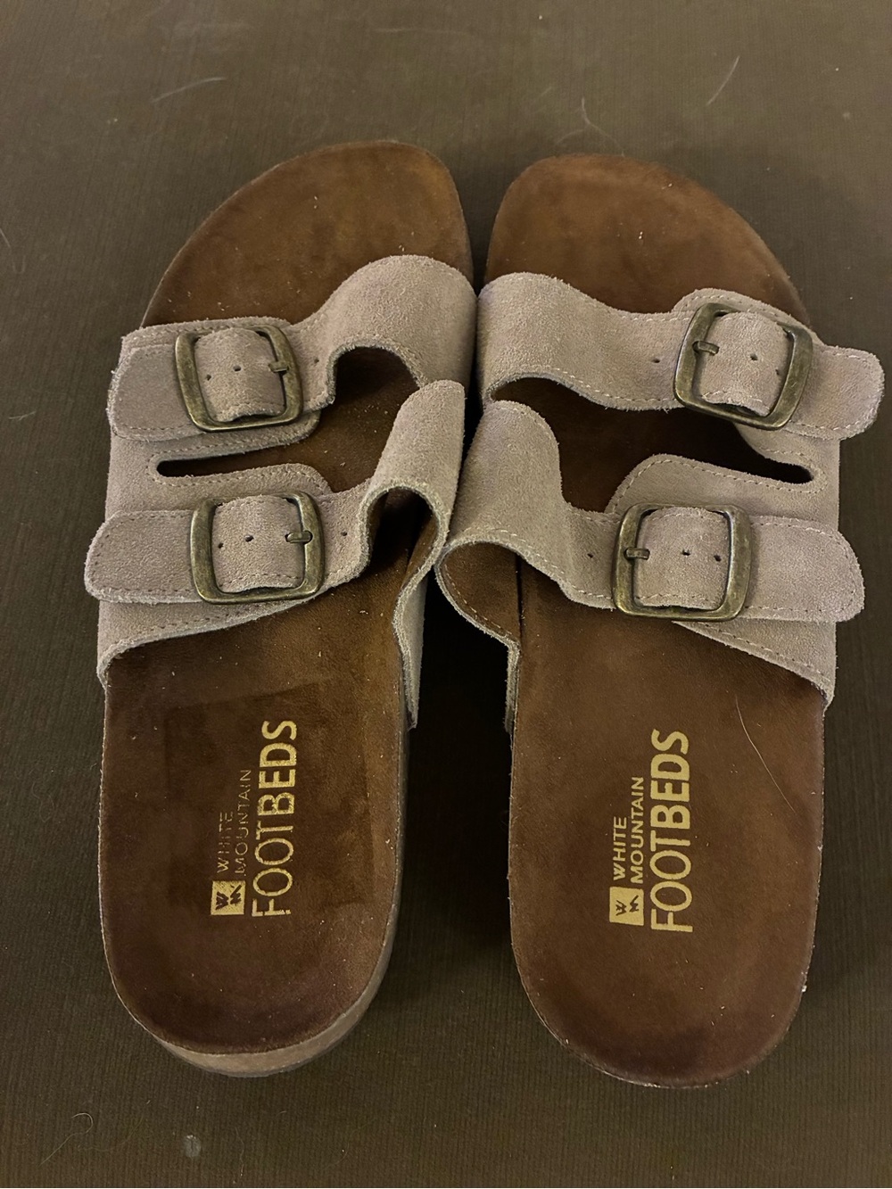 White Mountain "Helga" Footbeds Sandal Taupe Suede Slide Double Strap Comfort 9M
